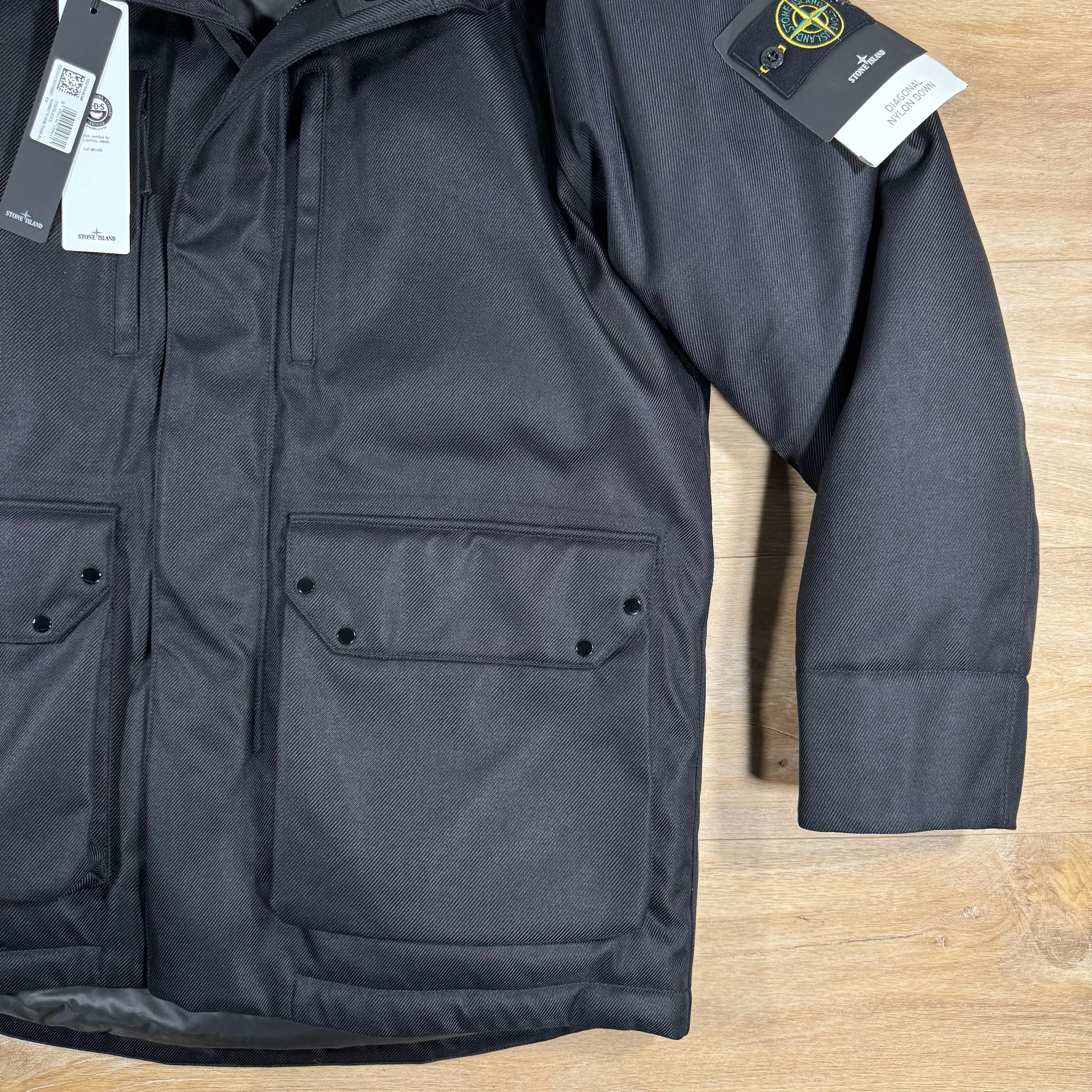Stone Island Diagonal Nylon Down Parka in Black