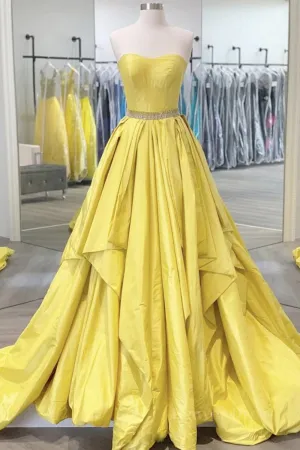 Strapless Open Back Fluffy Yellow Satin Long Prom Dress Layered Yellow Formal Evening Dress