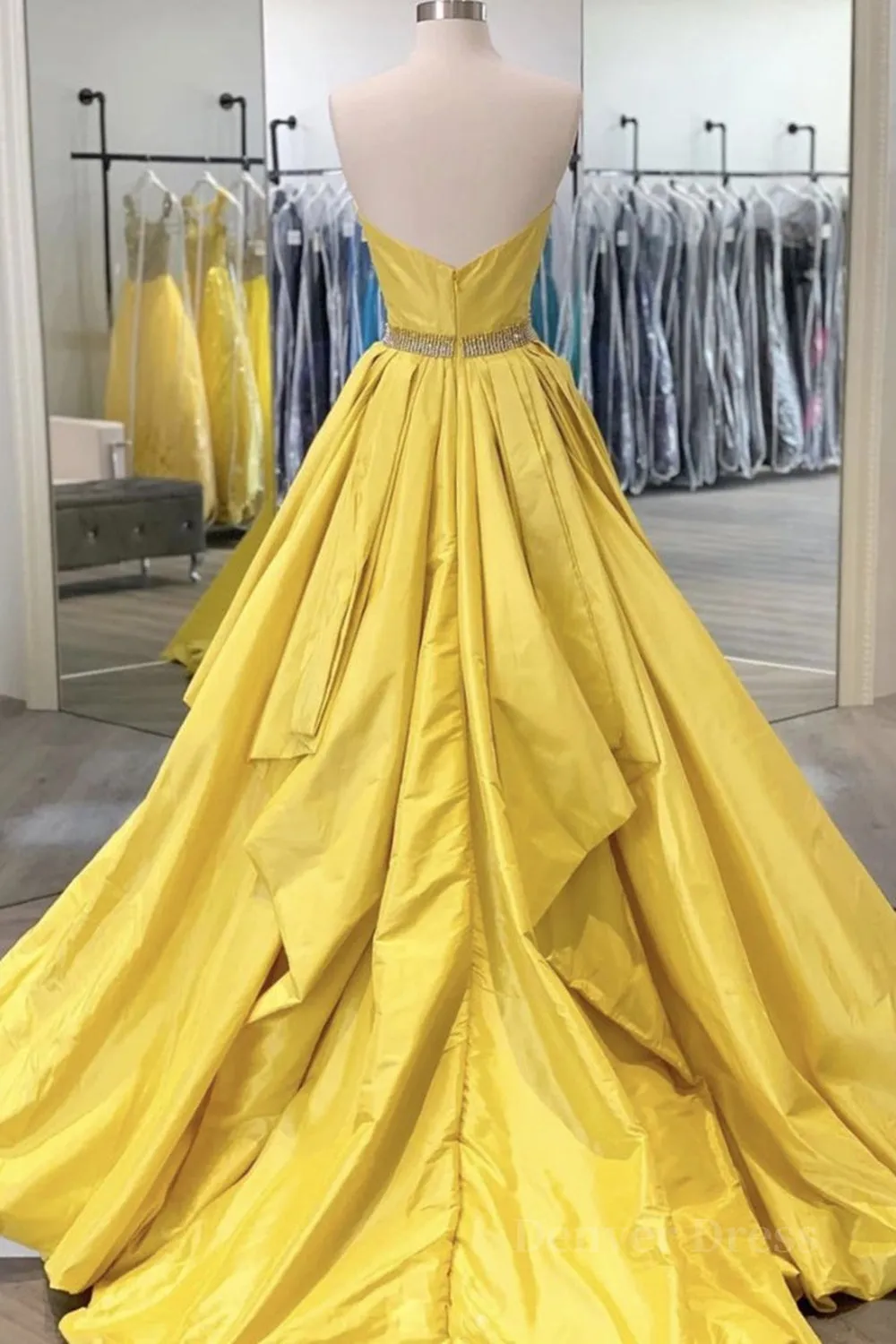 Strapless Open Back Fluffy Yellow Satin Long Prom Dress Layered Yellow Formal Evening Dress