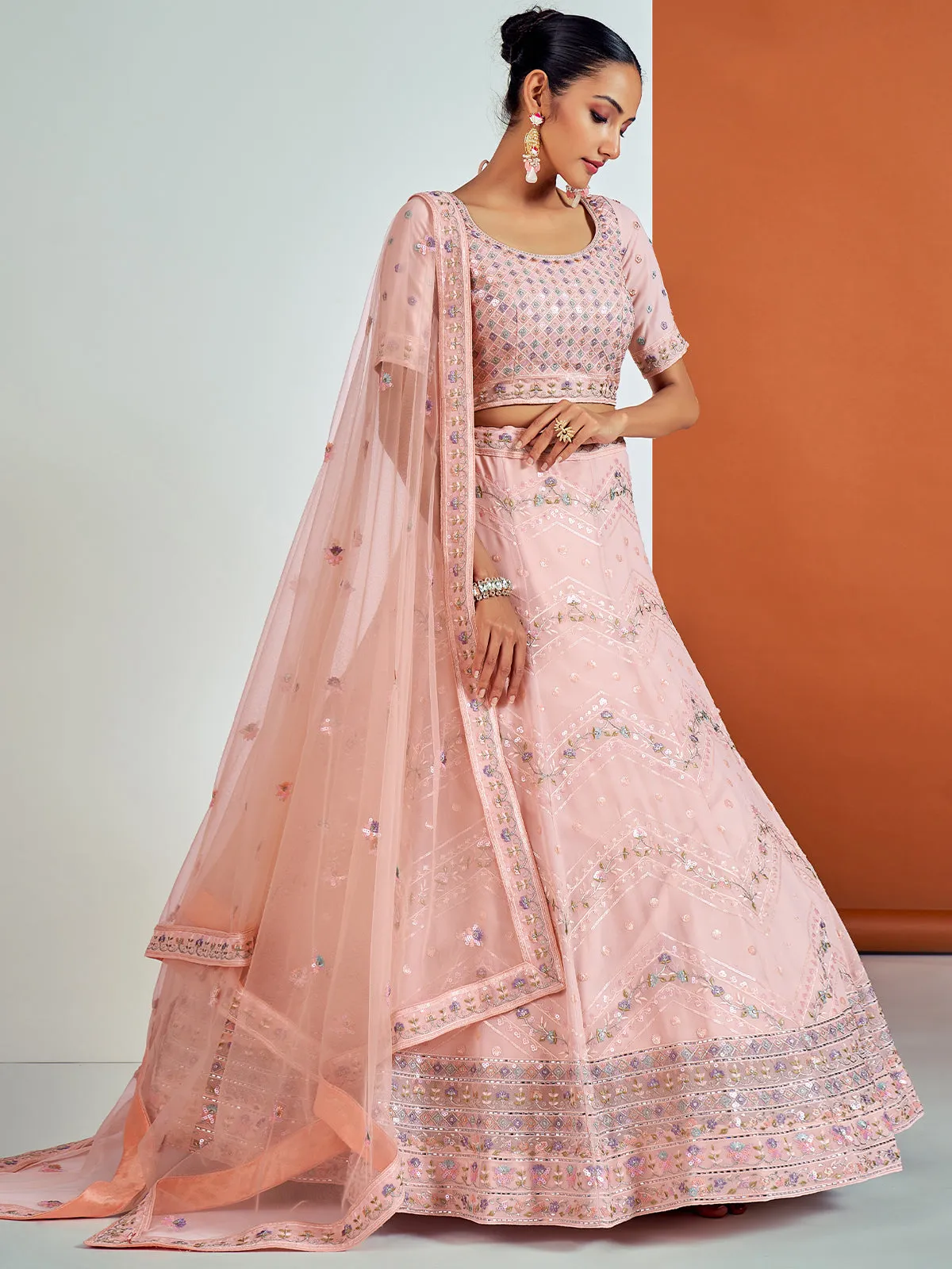 Stunning Pink Georgette Semi Stitched Lehenga With Unstitched Blouse