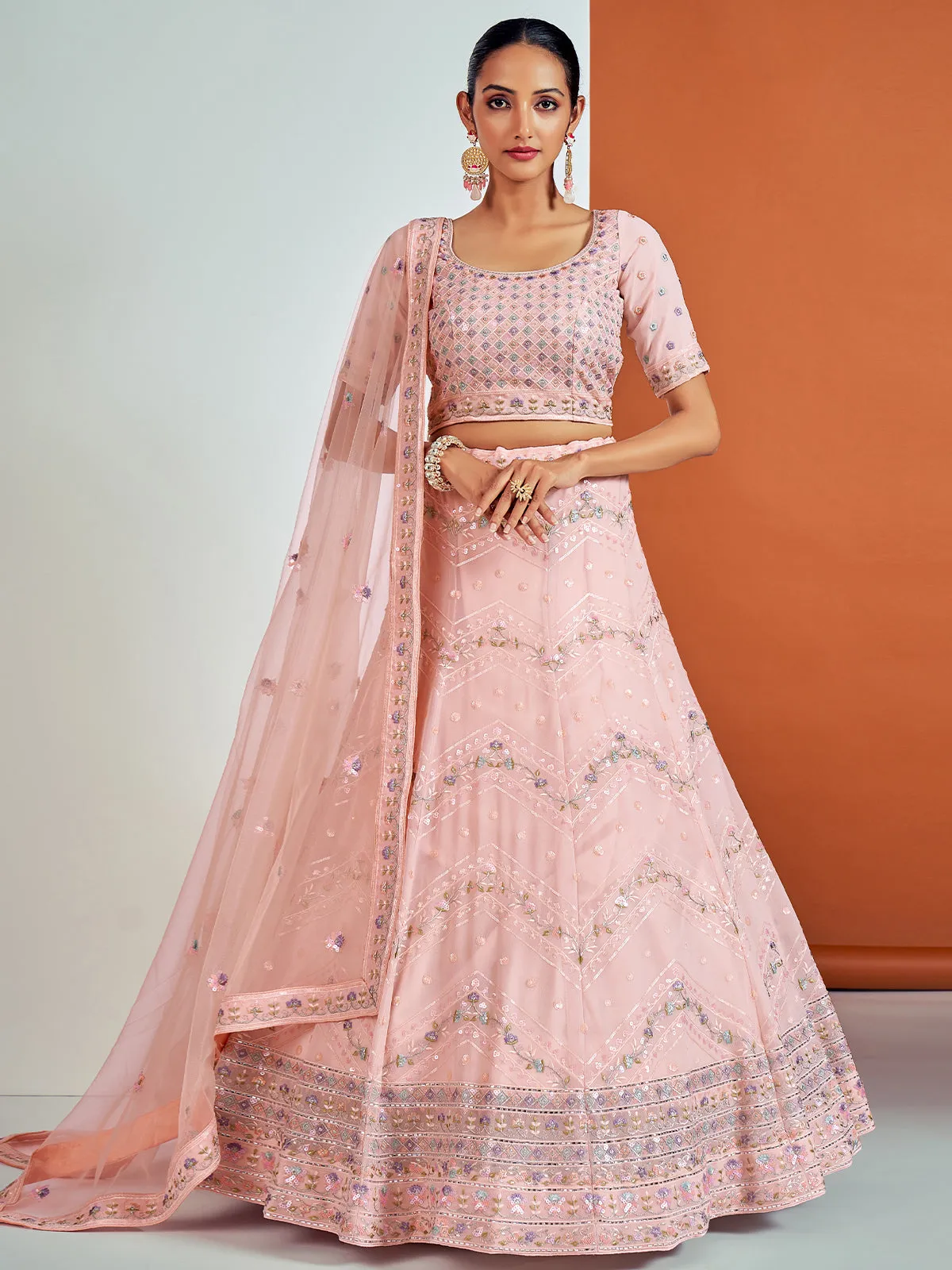 Stunning Pink Georgette Semi Stitched Lehenga With Unstitched Blouse