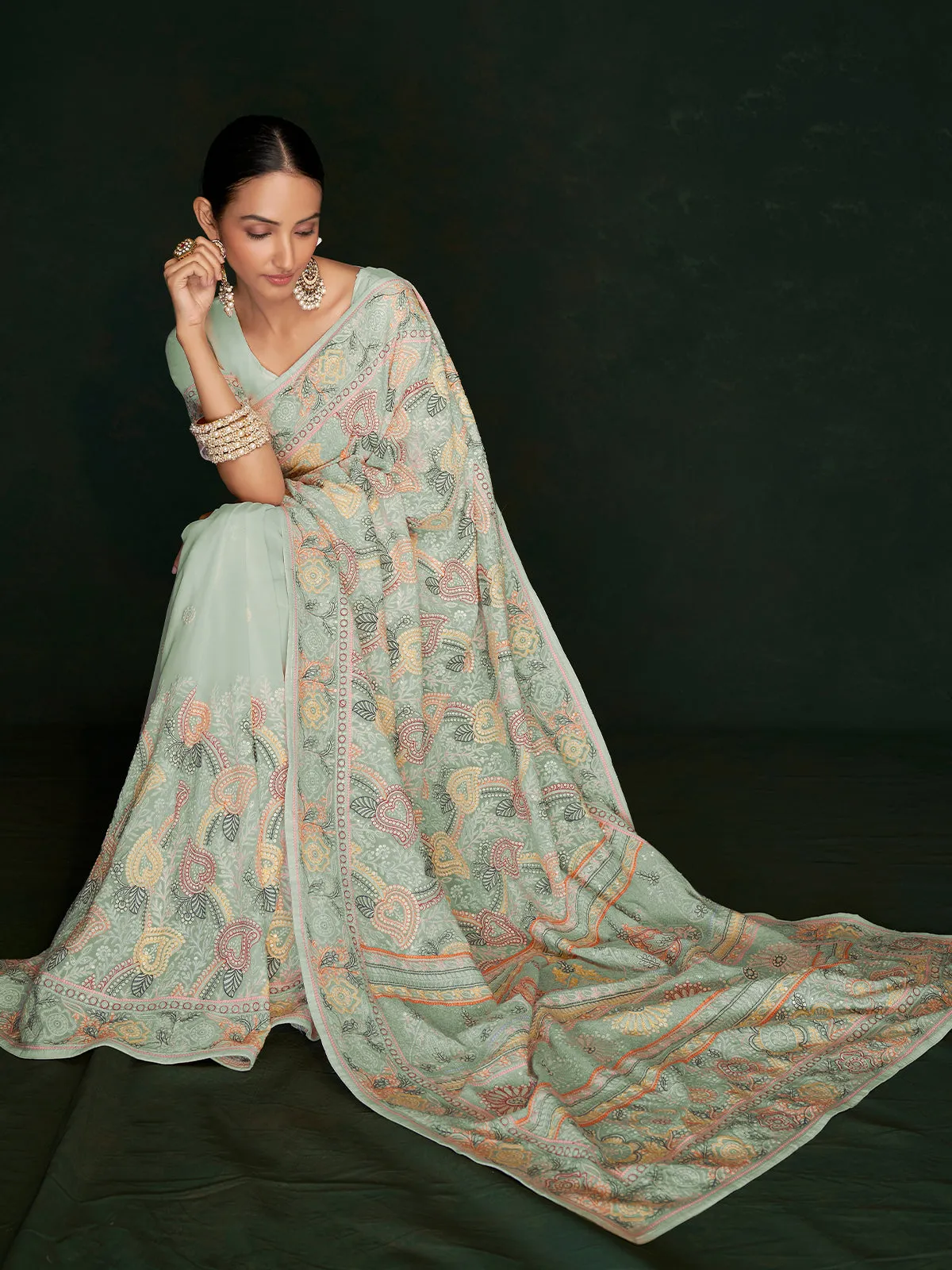 Stylish Sea Green Georgette Embroidered Saree With Unstitched Blouse