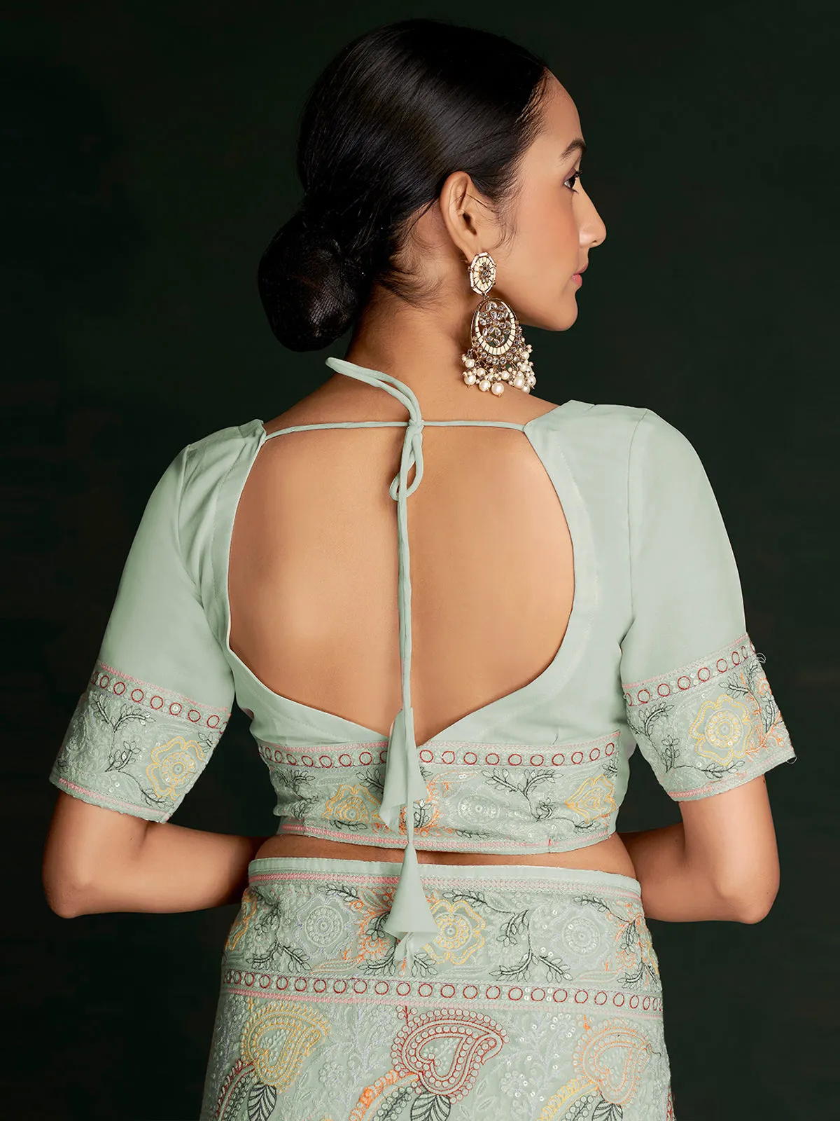 Stylish Sea Green Georgette Embroidered Saree With Unstitched Blouse
