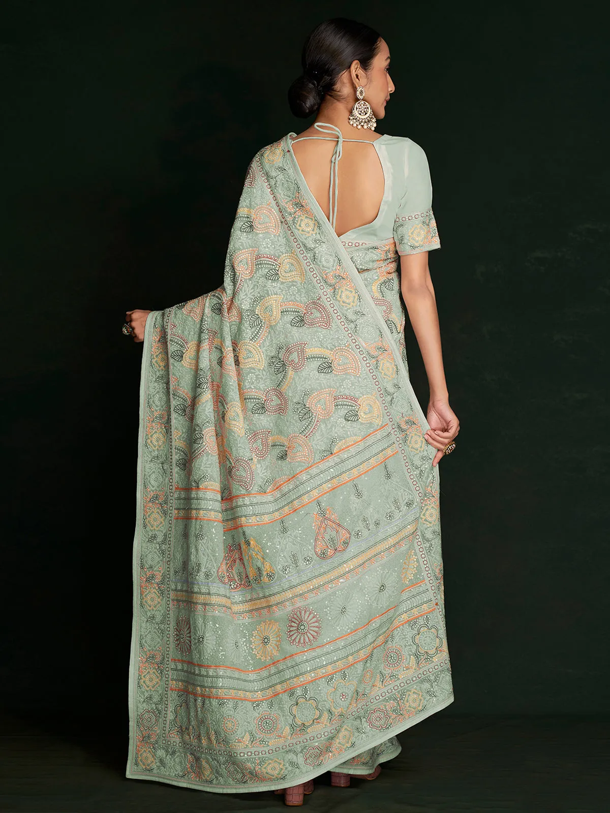 Stylish Sea Green Georgette Embroidered Saree With Unstitched Blouse