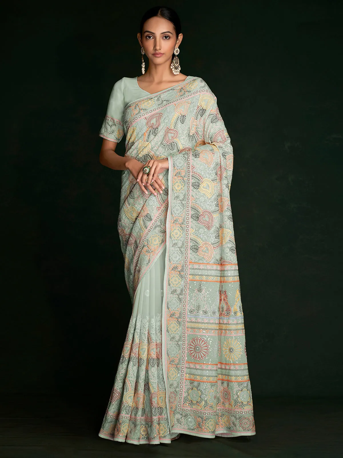 Stylish Sea Green Georgette Embroidered Saree With Unstitched Blouse