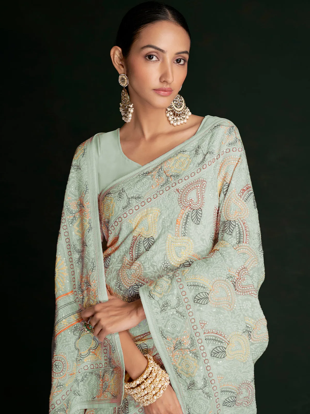 Stylish Sea Green Georgette Embroidered Saree With Unstitched Blouse