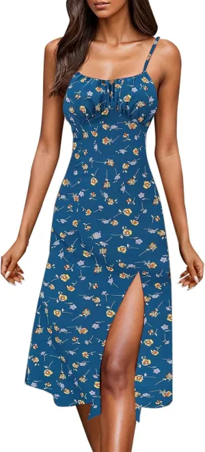 Summer Dresses for Women Spaghetti Strap Polka Dot Midi Dress 2025 Trendy Sexy Sleeveless Slit Beach Boho Sundresses