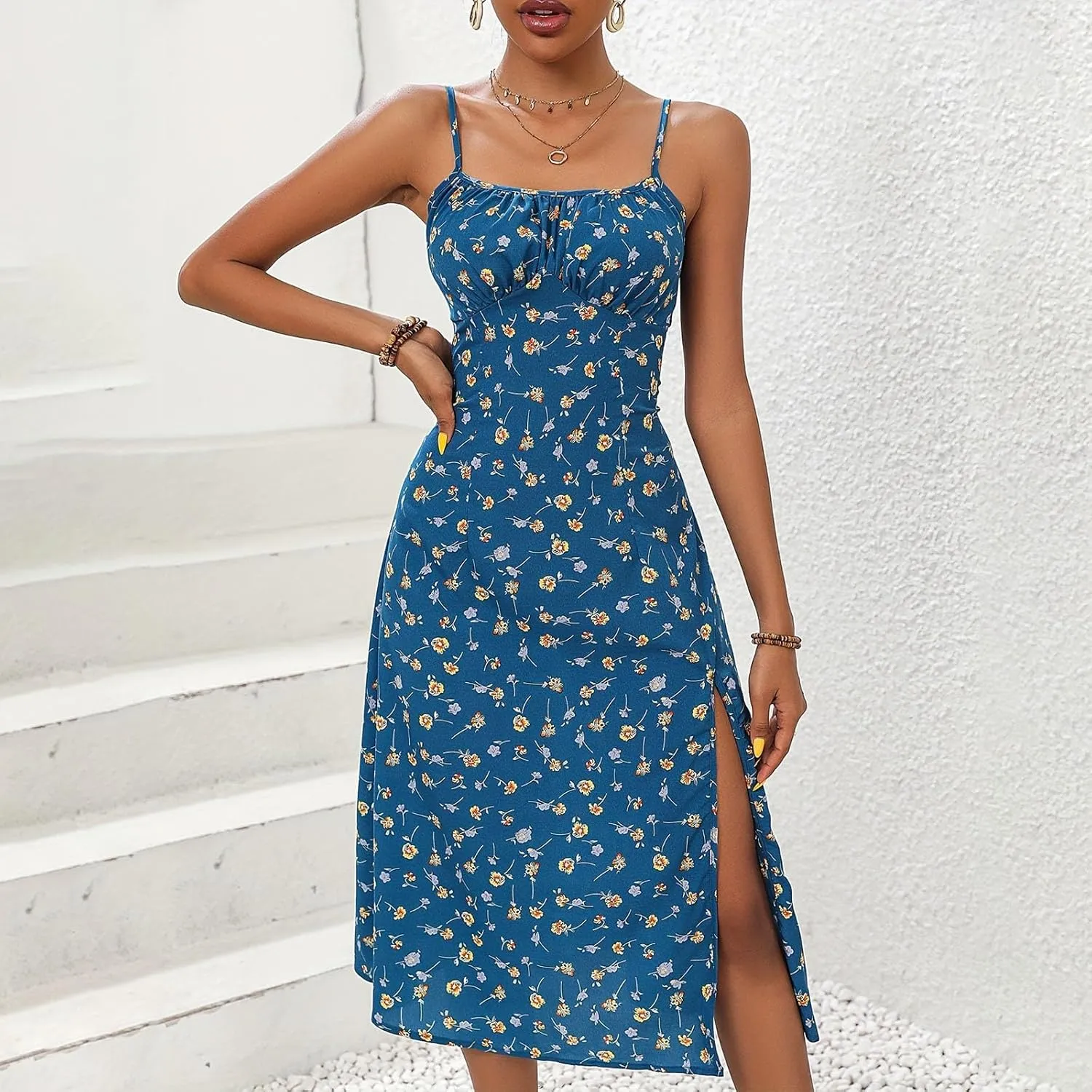 Summer Dresses for Women Spaghetti Strap Polka Dot Midi Dress 2025 Trendy Sexy Sleeveless Slit Beach Boho Sundresses