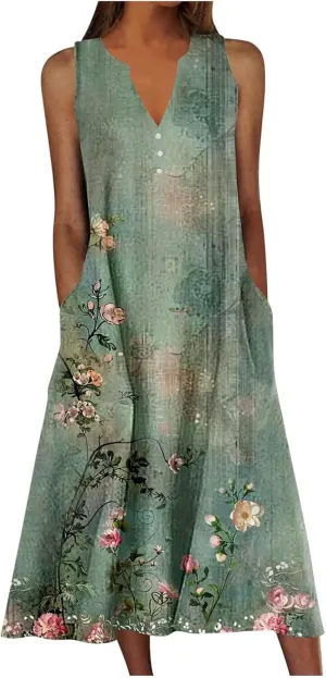 Sundress for Women Sleeveless Tank Dresses Vacation Plus Size Casual Button V Neck Boho Floral Beach Dress
