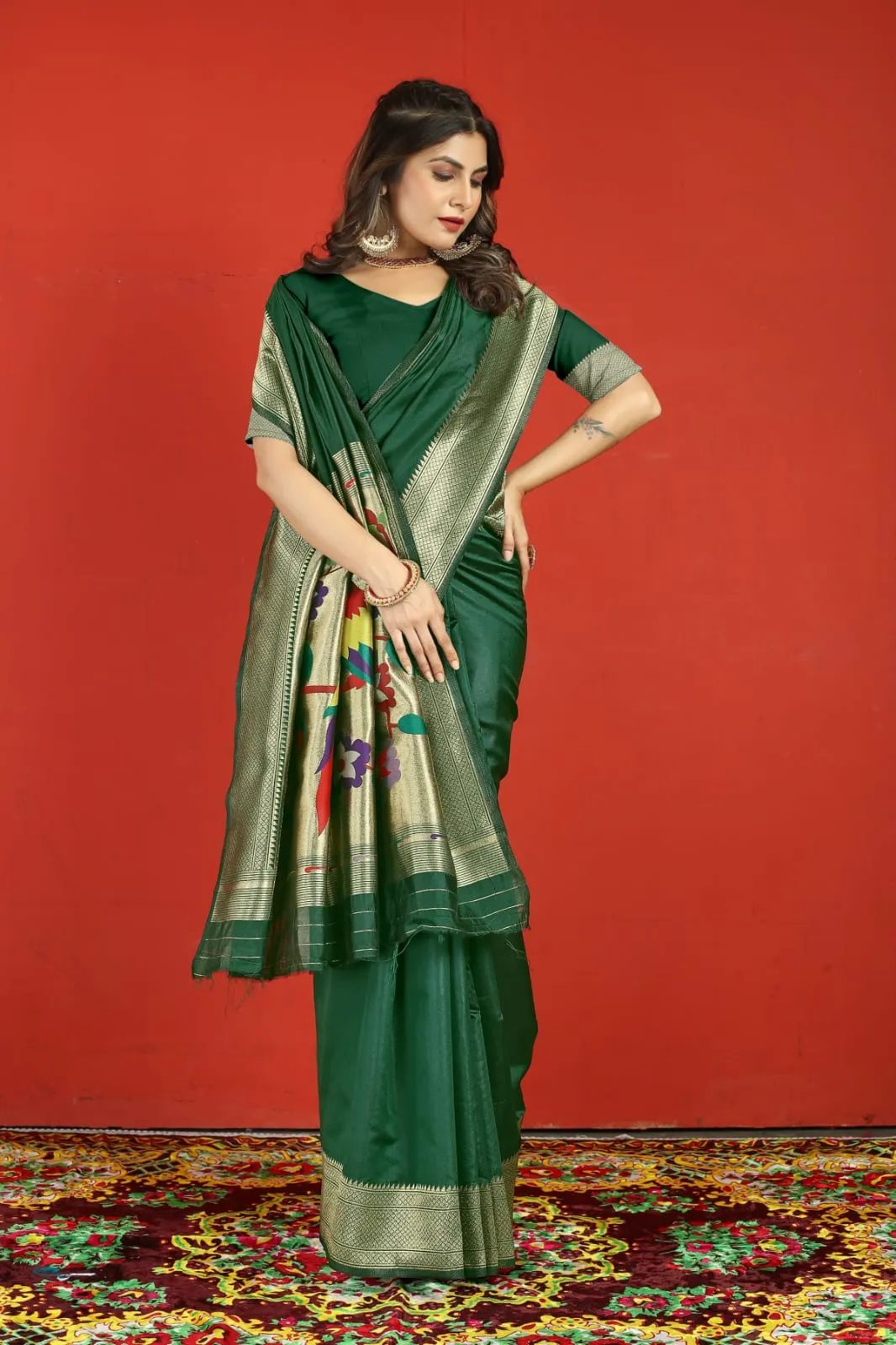 Symmetrical Dark Green Paithani Silk Saree With Extraordinary Blouse Piece