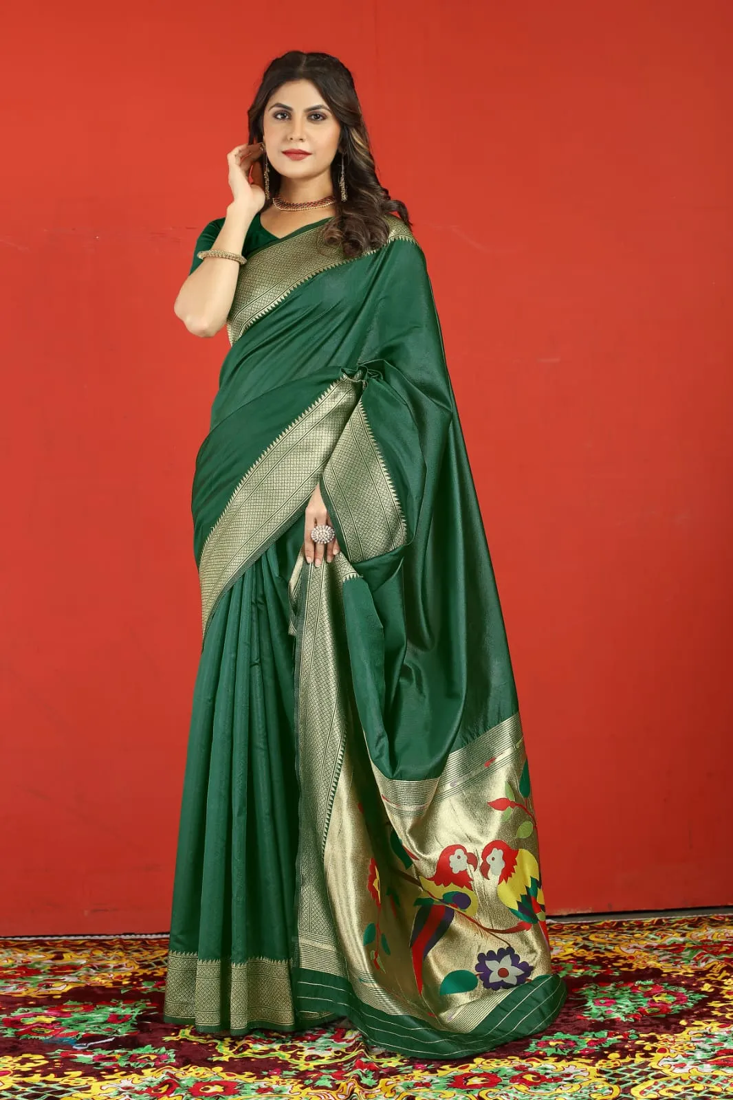 Symmetrical Dark Green Paithani Silk Saree With Extraordinary Blouse Piece