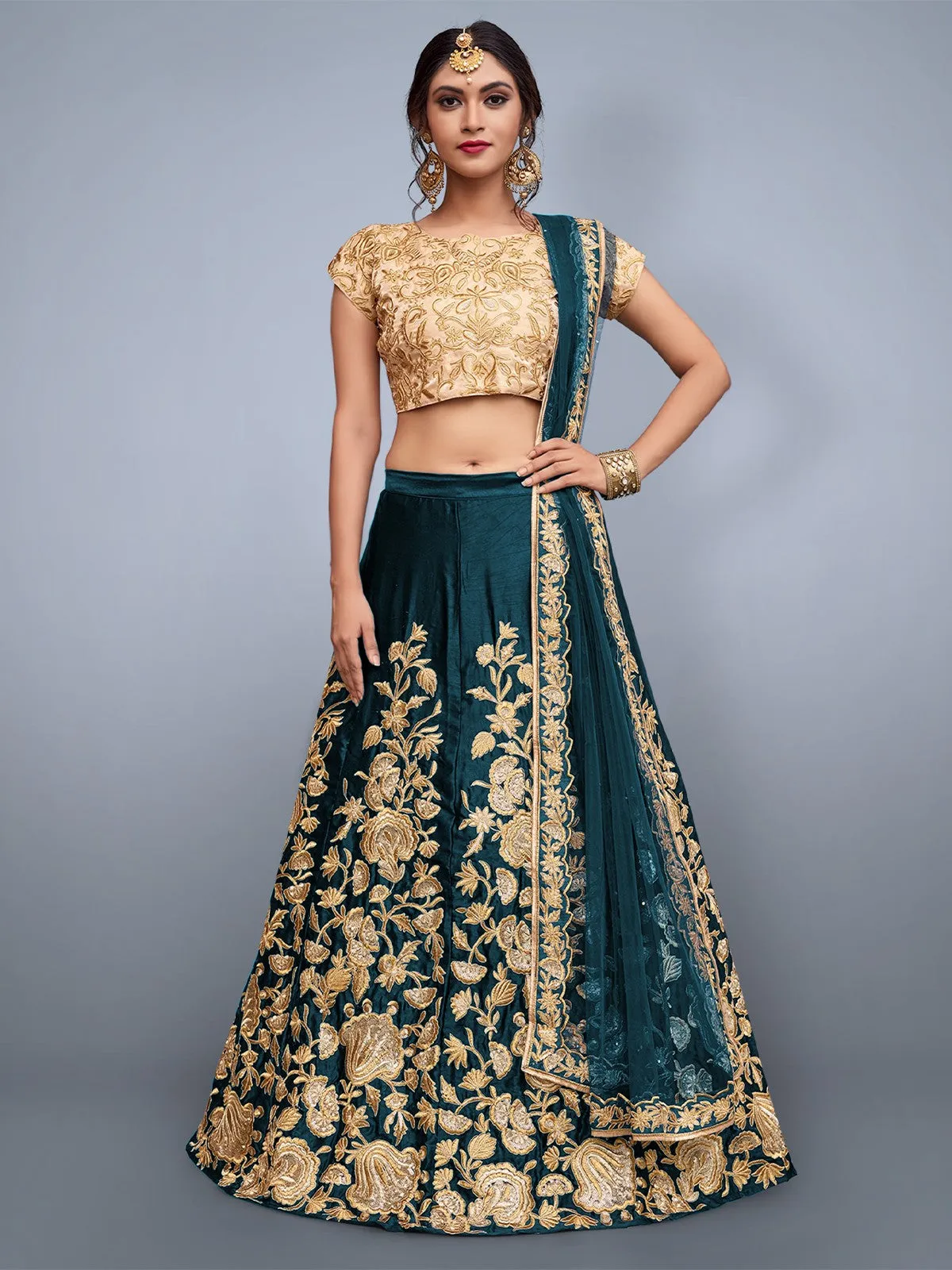 Teal Embroidered Semi Stitched Lehenga With Unstitched Blouse