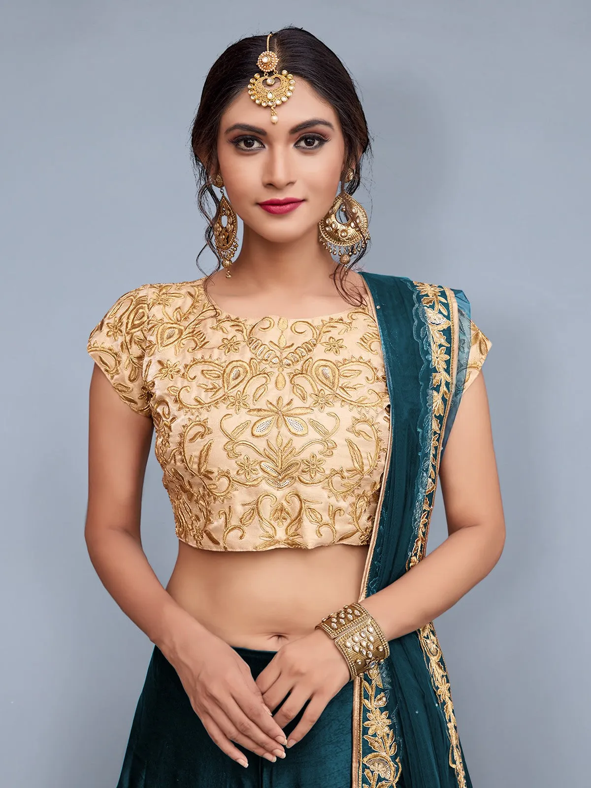 Teal Embroidered Semi Stitched Lehenga With Unstitched Blouse
