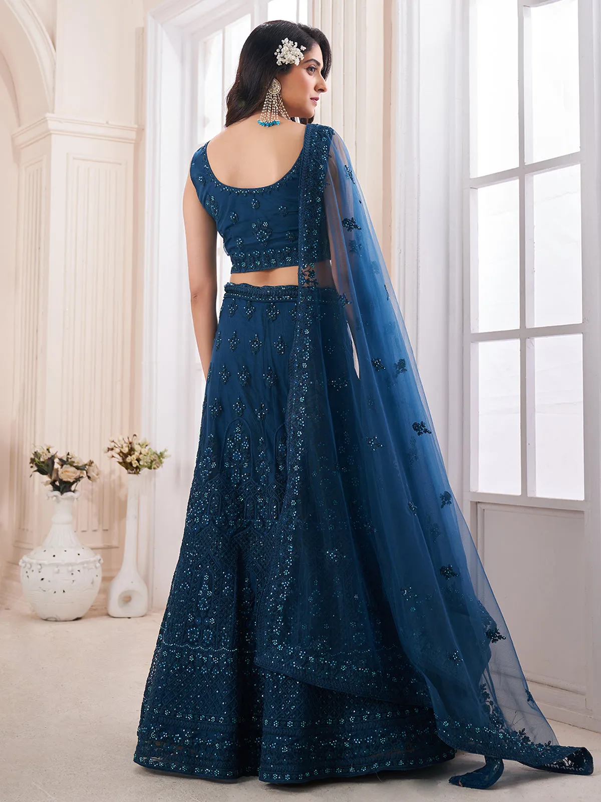 Teal Embroidered Soft Net Semi Stitched Lehenga With Blouse Piece