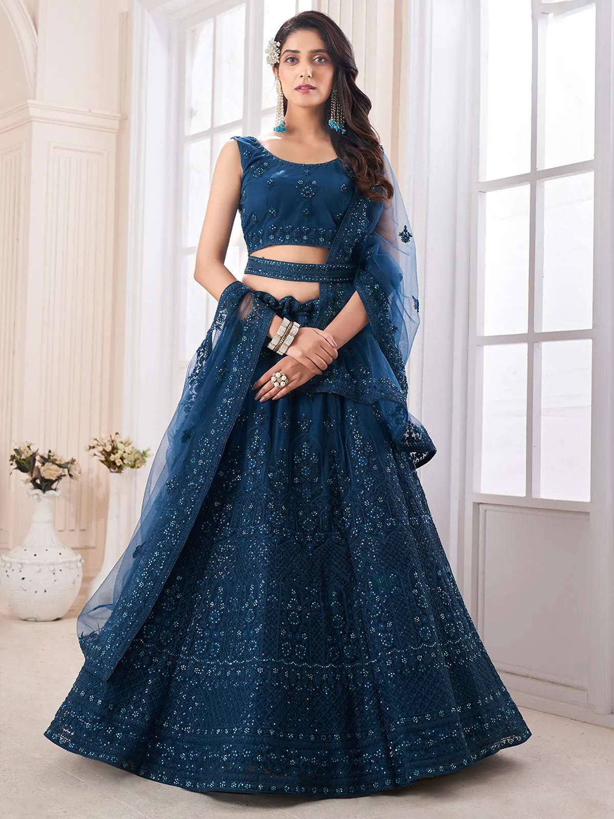 Teal Embroidered Soft Net Semi Stitched Lehenga With Blouse Piece