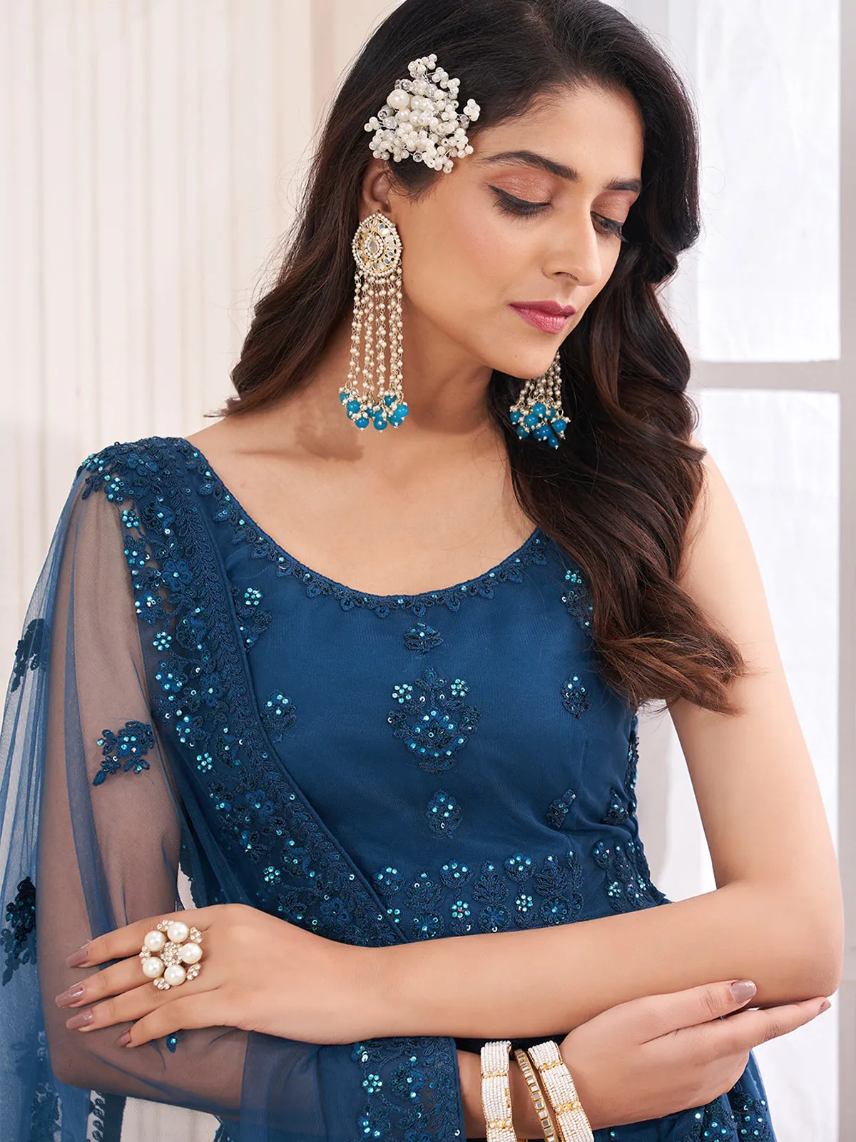 Teal Embroidered Soft Net Semi Stitched Lehenga With Blouse Piece