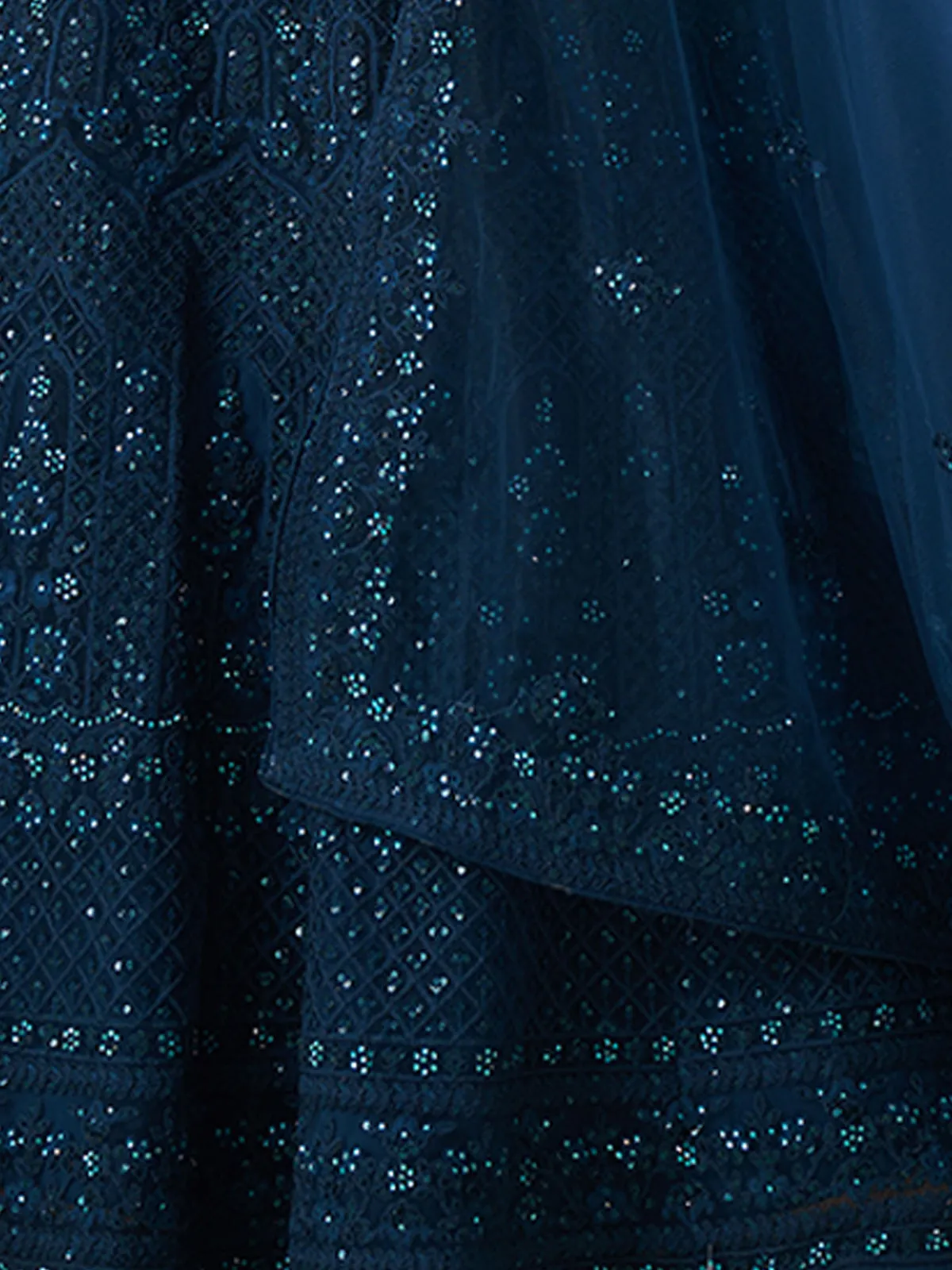 Teal Embroidered Soft Net Semi Stitched Lehenga With Blouse Piece