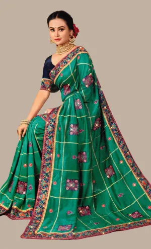 Teal Green Embroidered Sari