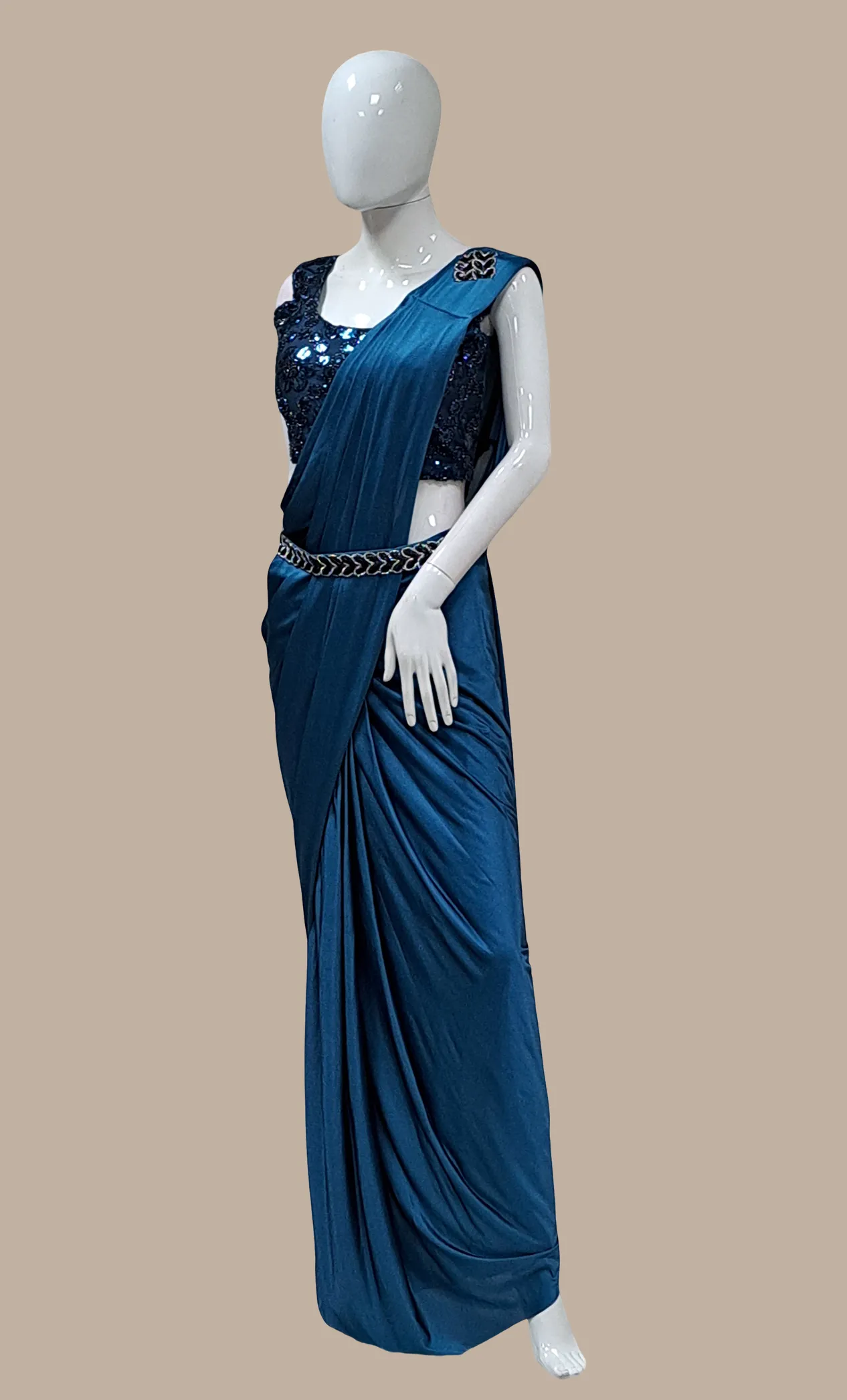 Teal Ready Sari With Ready Made Blouse