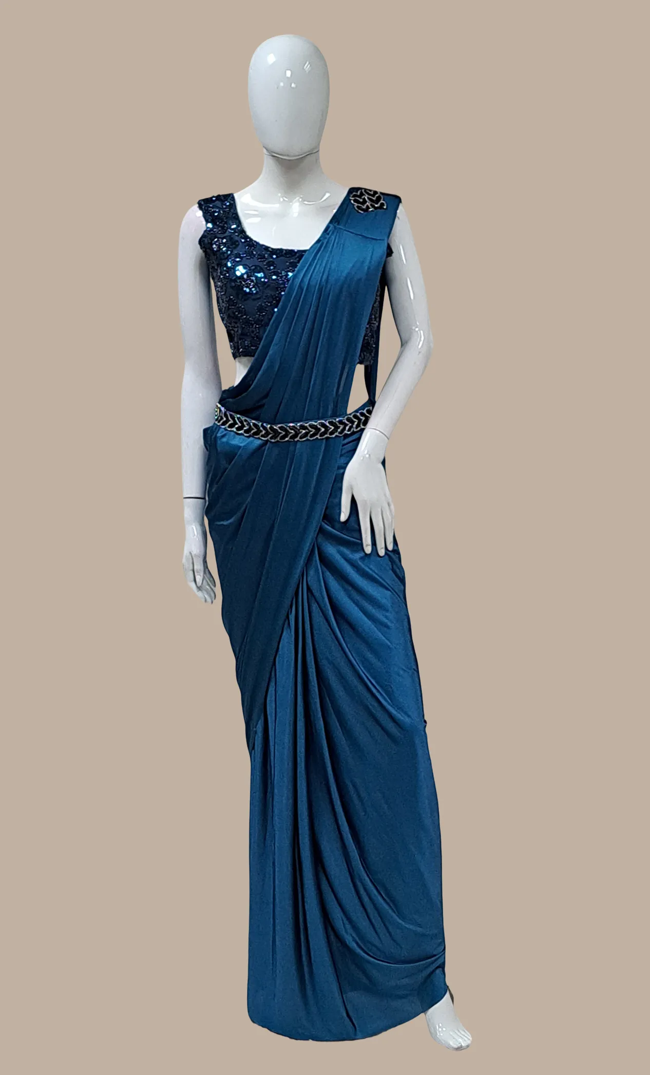 Teal Ready Sari With Ready Made Blouse