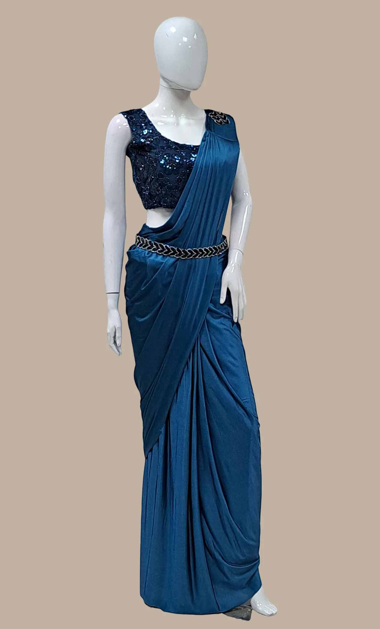 Teal Ready Sari With Ready Made Blouse