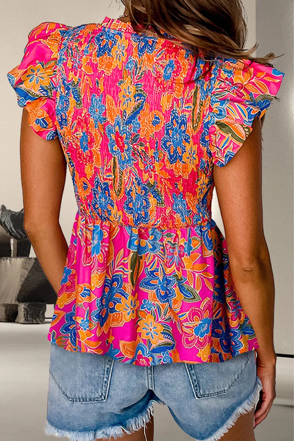 TEEK - Strawberry Smocked Floral V-Neck Cap Sleeve Blouse