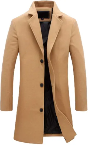 Trench Coat for Men Notched Lapel Single Breasted Long Peacoat Warm Winter Cotton Business Long Jacket Overcoat