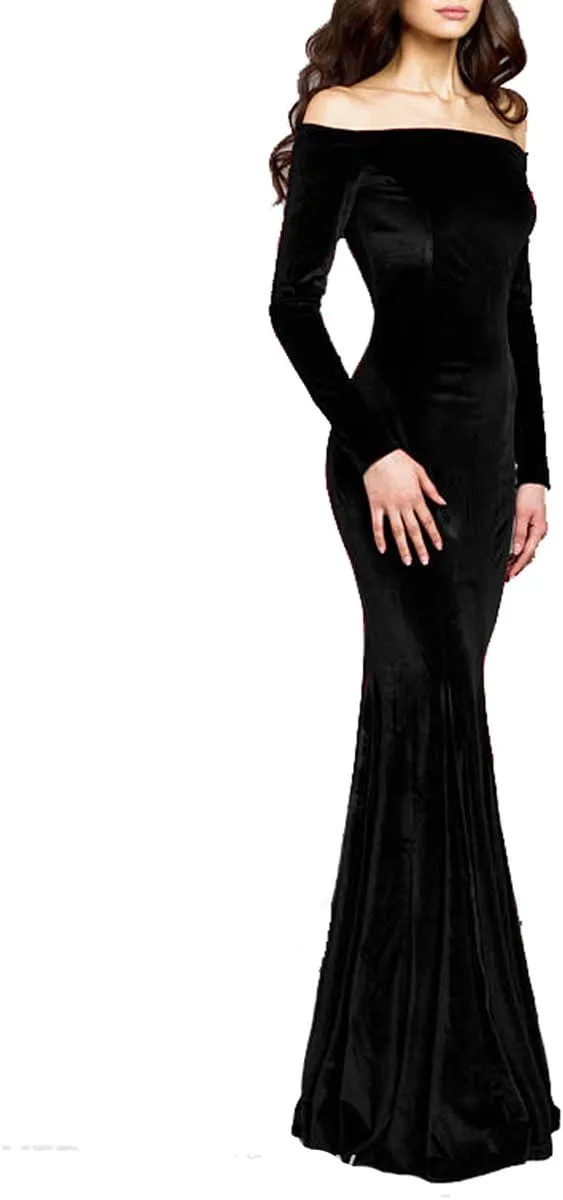 TTYBridal Off The Shoulder Velvet Mermaid Evening Gown Long Prom Party Dresses with Two Sleeves