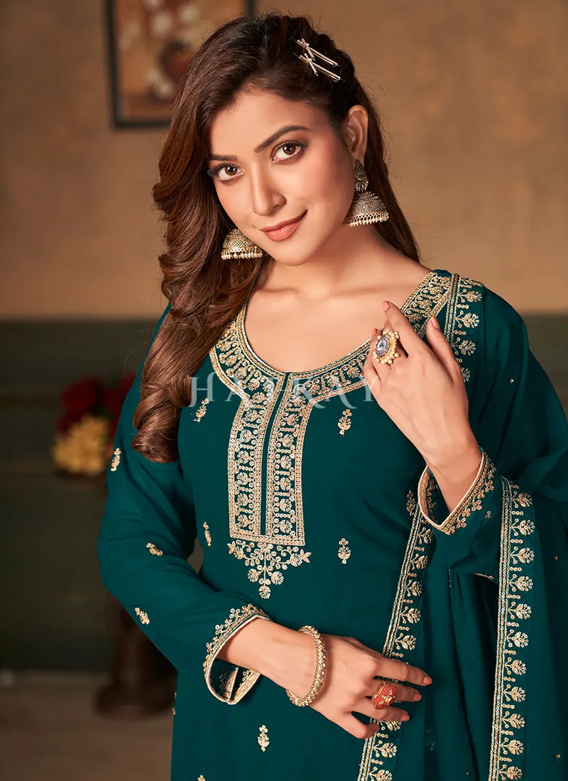 Turquoise Green Traditional Embroidered Palazzo Suit