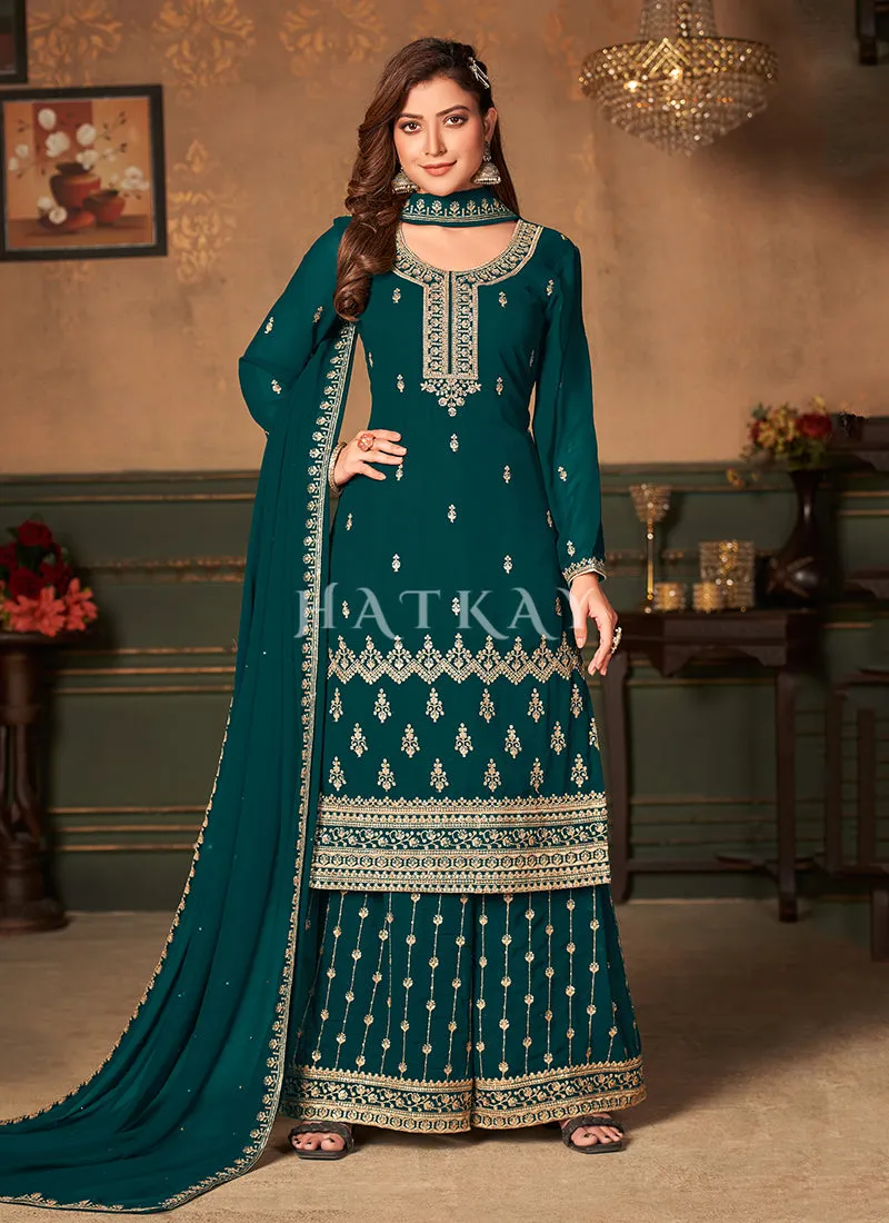Turquoise Green Traditional Embroidered Palazzo Suit
