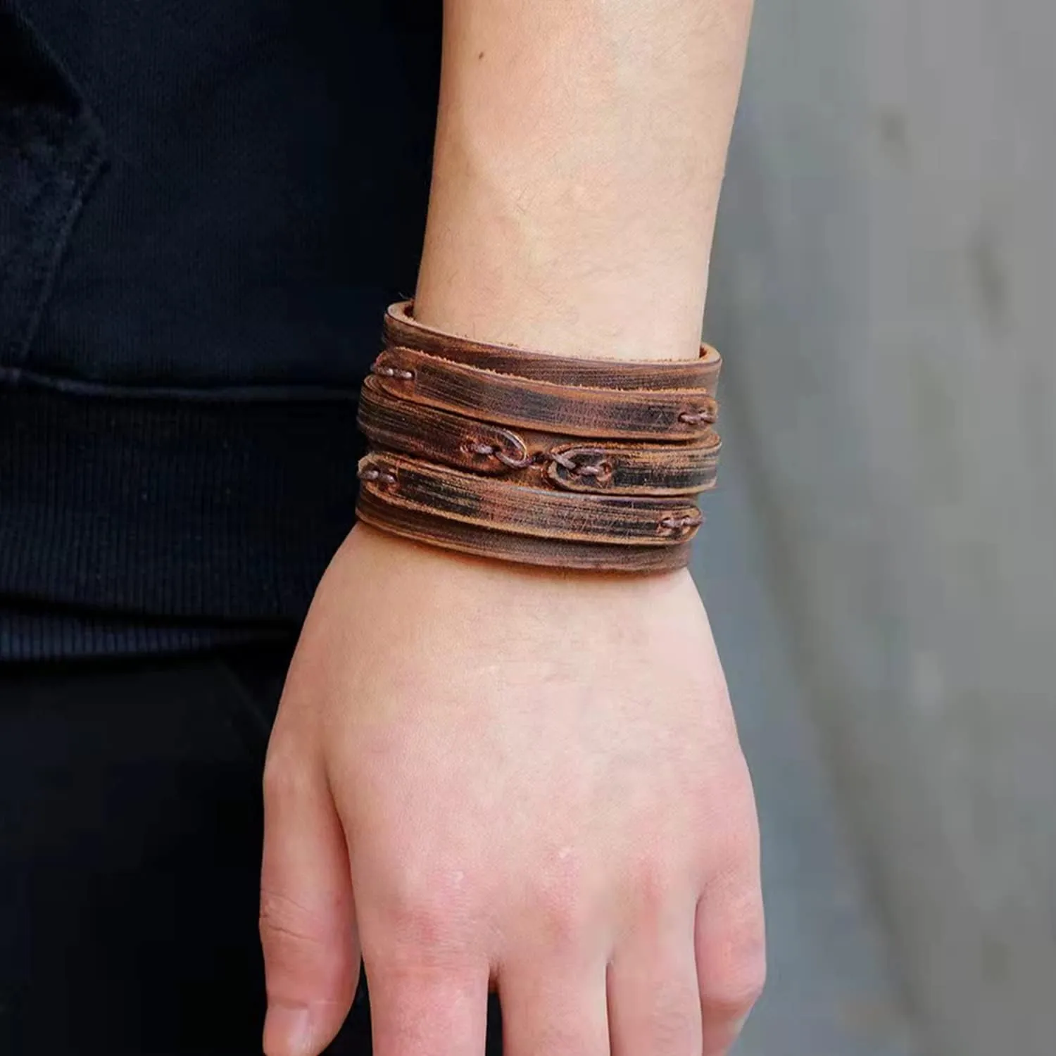 TURTLEDOVE Mens Leather Bracelet Cuff - Vintage Wristband with Wide Belt, Gifts for Brother, Dad, Boyfriend or Husband