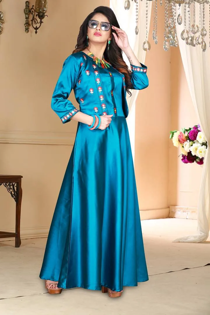 Versatile Sky-Blue Satin Embroidered Stitched Gown
