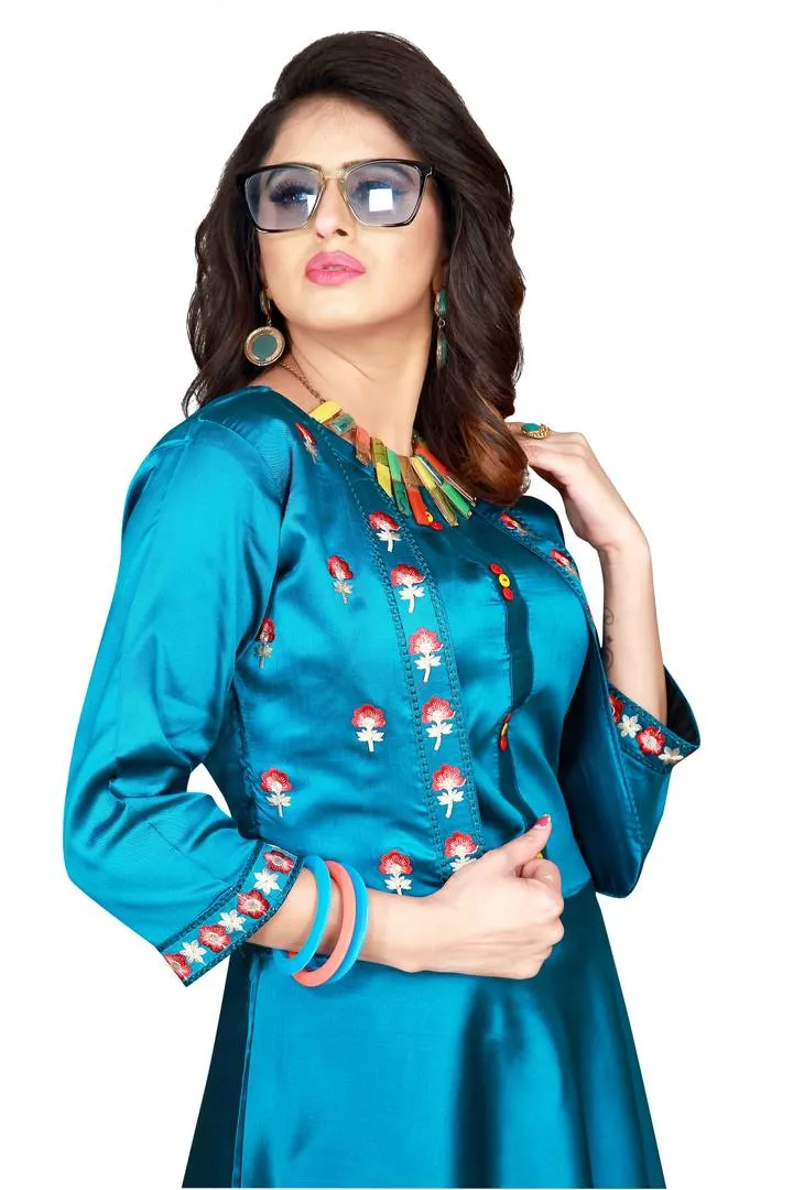 Versatile Sky-Blue Satin Embroidered Stitched Gown