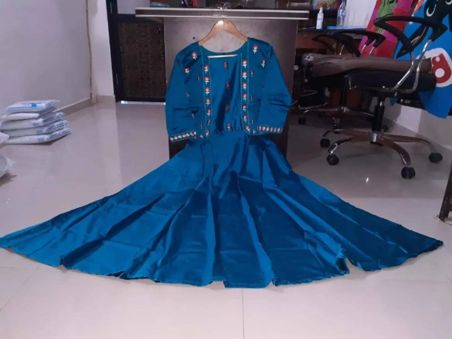 Versatile Sky-Blue Satin Embroidered Stitched Gown