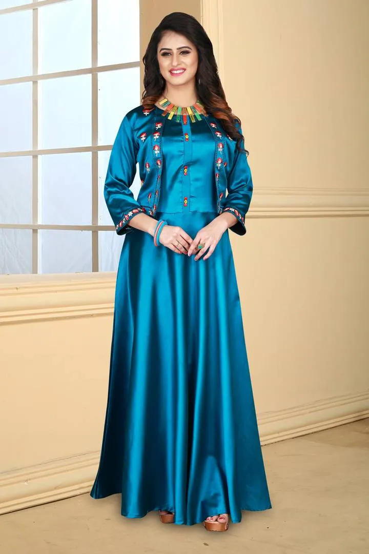 Versatile Sky-Blue Satin Embroidered Stitched Gown
