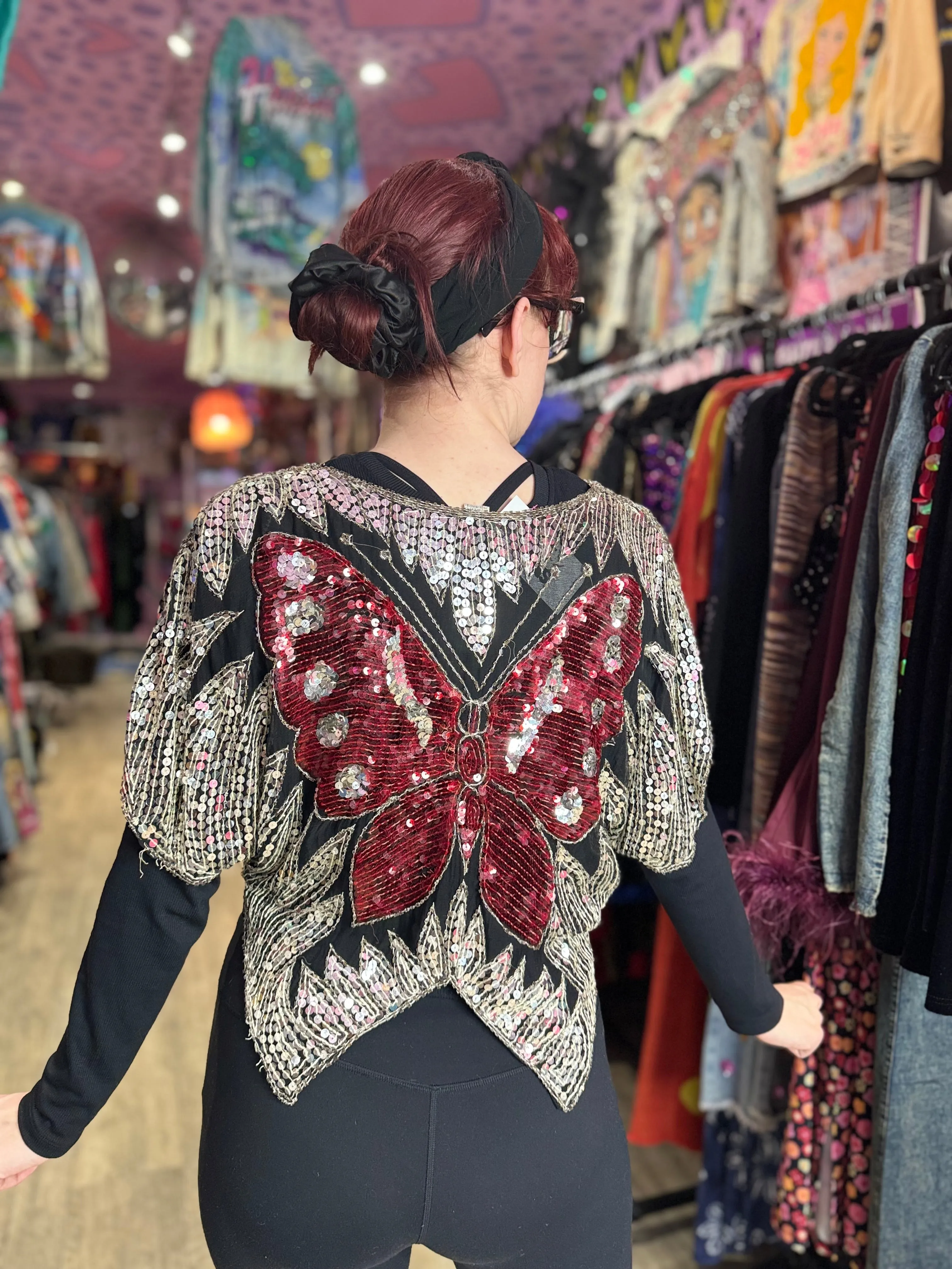 Vintage 80s Sequin Burgandy Silver Butterfly Top