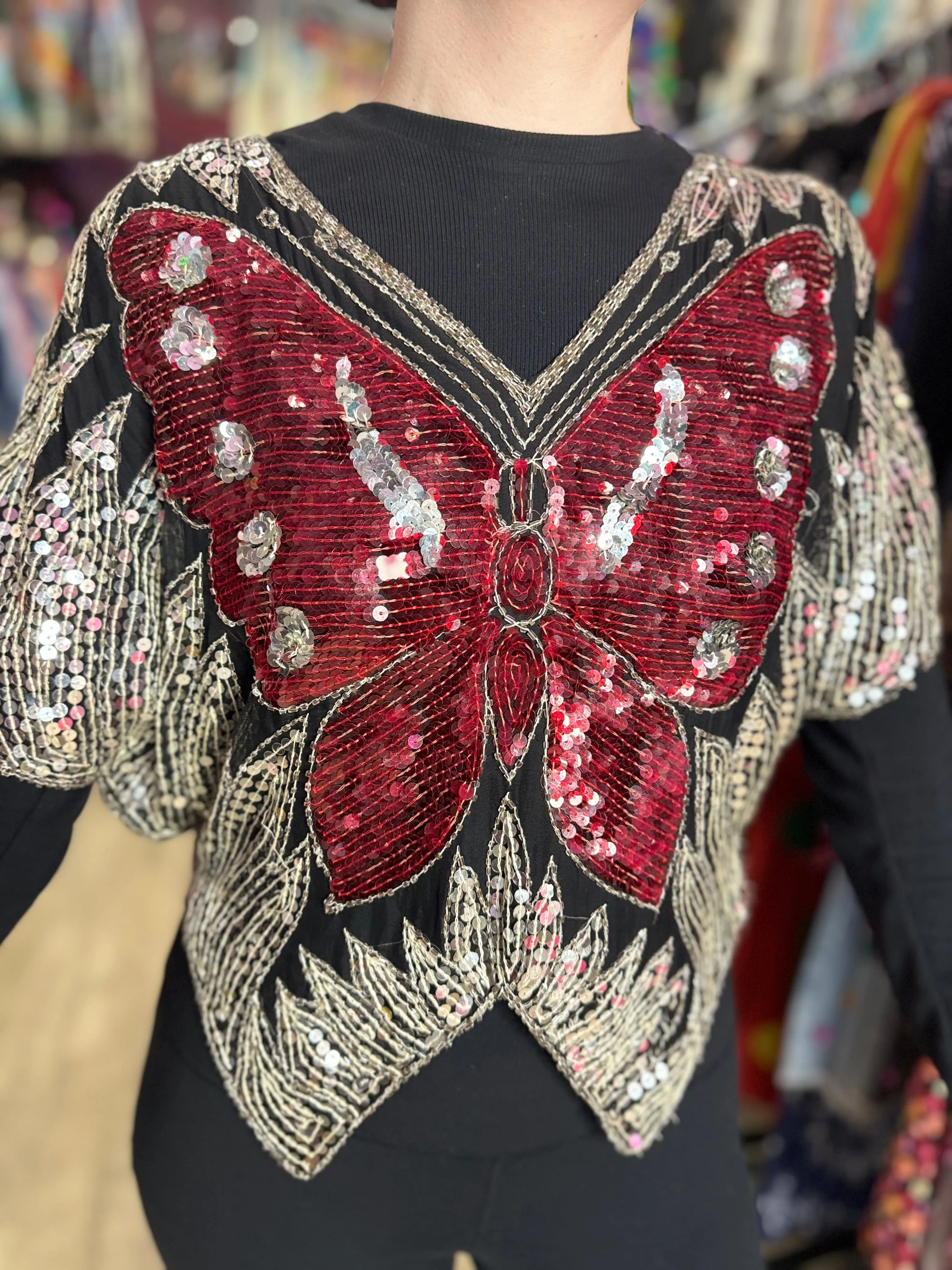 Vintage 80s Sequin Burgandy Silver Butterfly Top