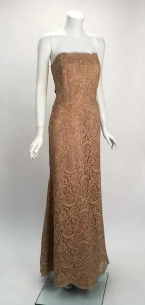 Vintage Fawn Venetian Lace Floor Length Gown