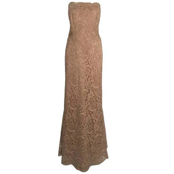Vintage Fawn Venetian Lace Floor Length Gown