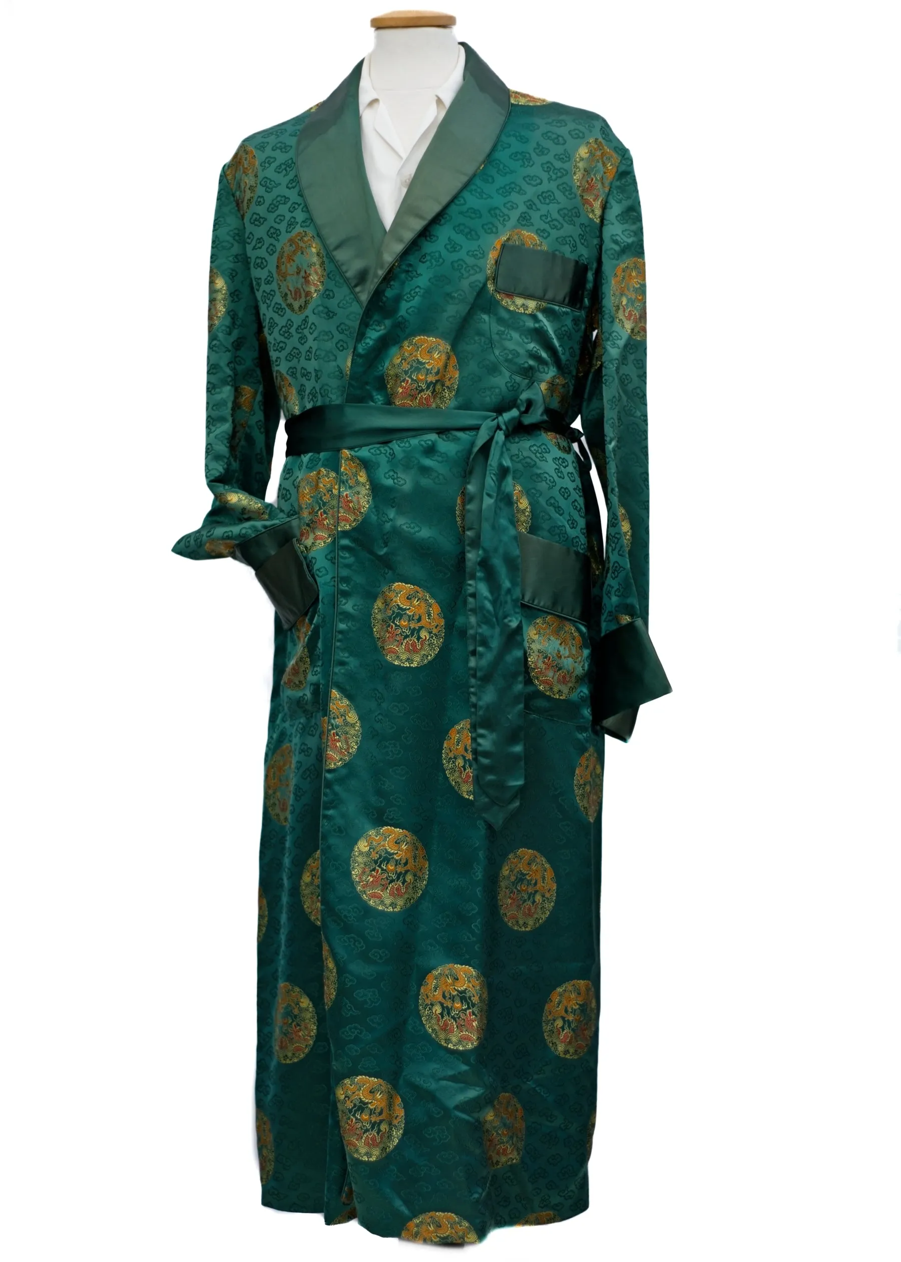 Vintage Men's Green Satin Brocade Gold Dragon Robe Dressing Gown