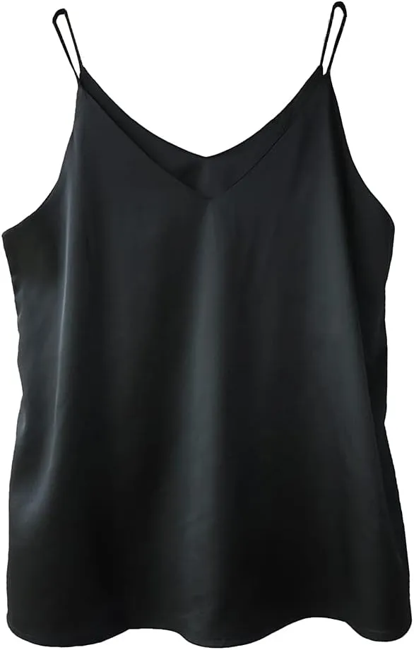 Wantschun Womens Silk Satin Camisole Cami Plain Strappy Vest Top T-Shirt Blouse Tank Shirt V-Neck Spaghetti Strap XS-4X