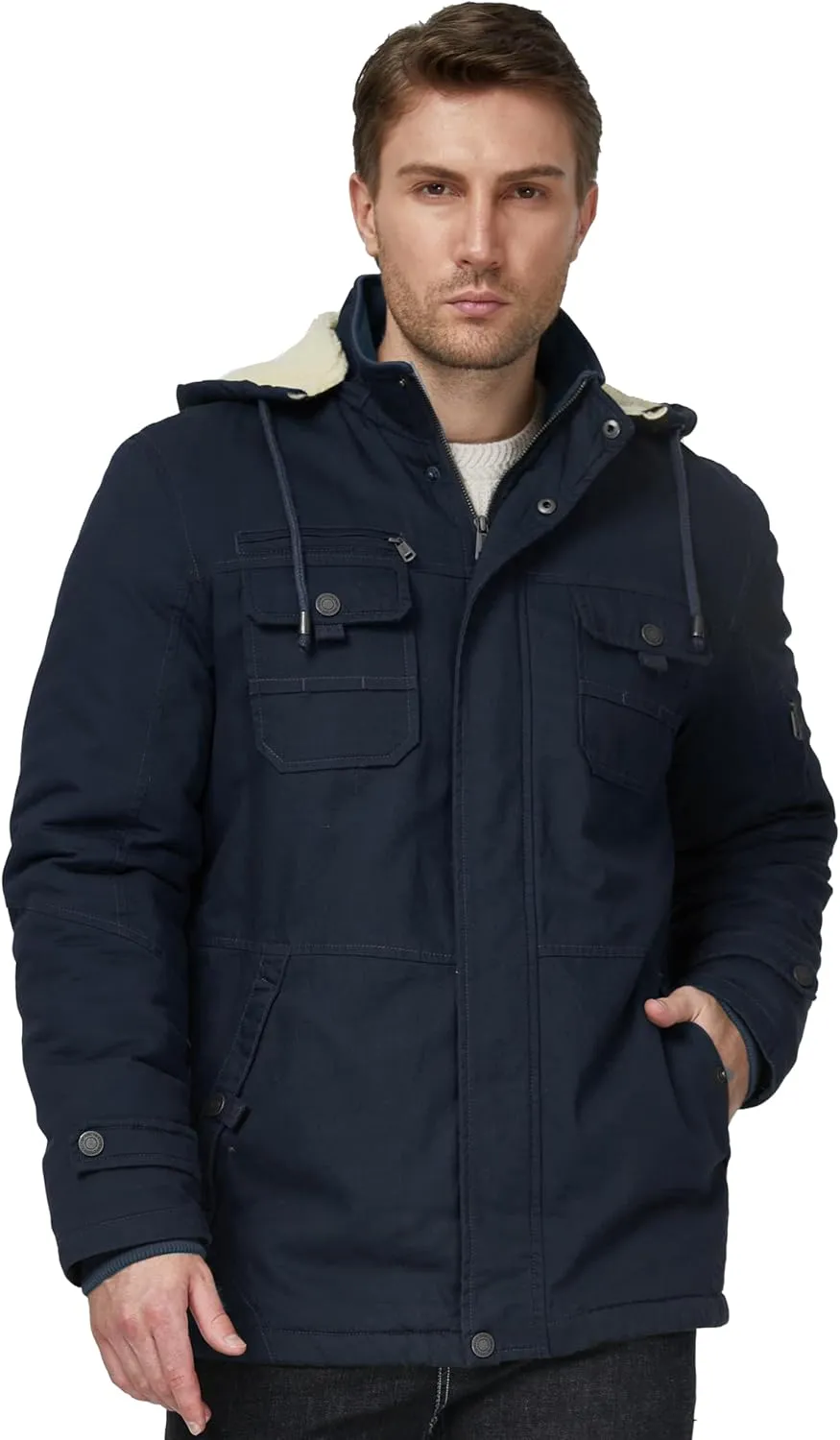 WenVen Men's Winter Sherpa Parka Mid Length Thicken Military Style Warm Jacket with Removable Hood