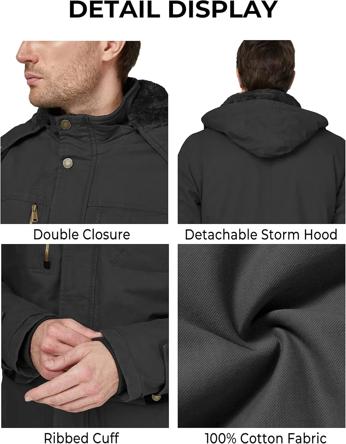 WenVen Men's Winter Thicken Cotton Parka Jacket Warm Coat with Removable Hood