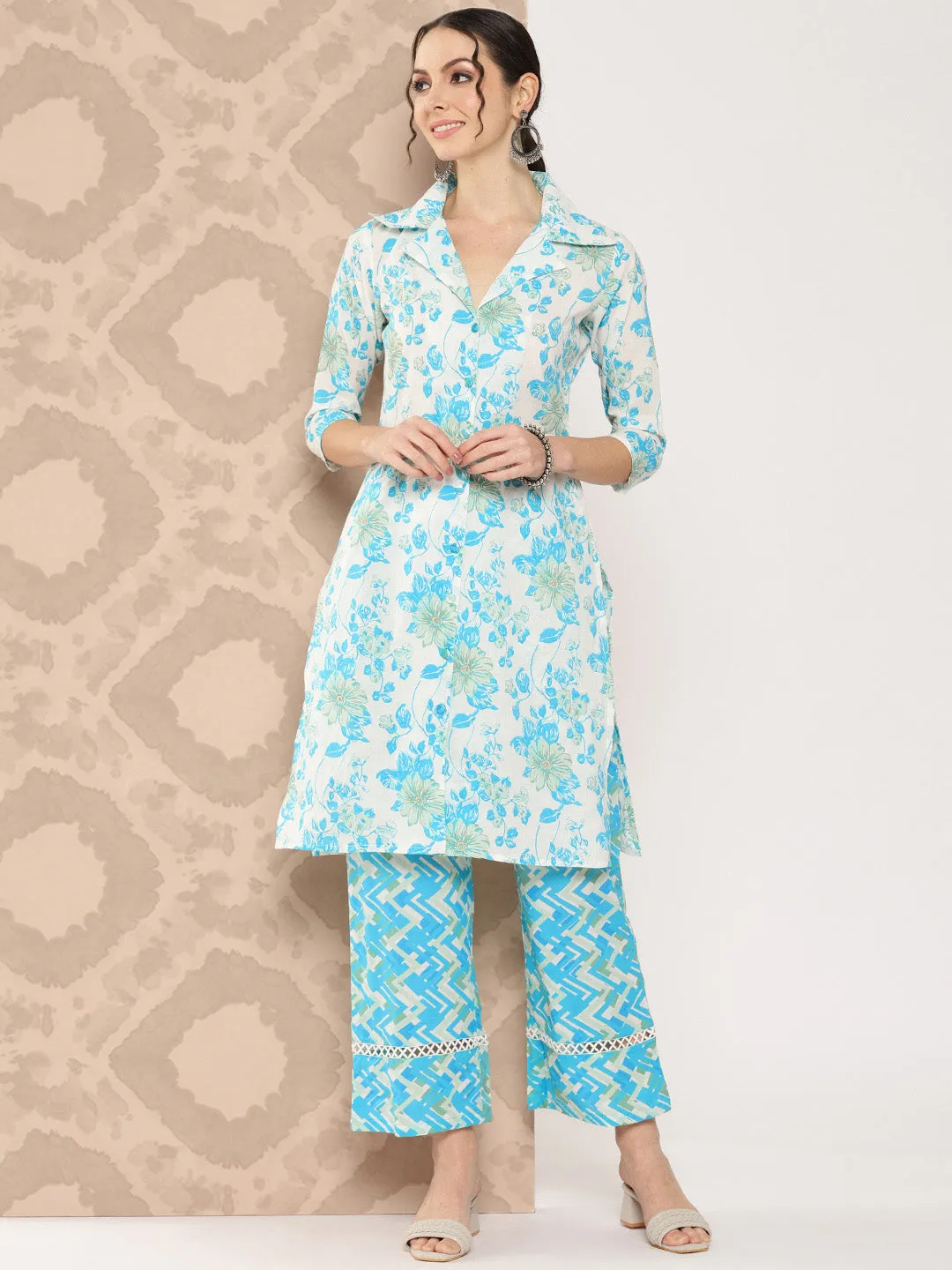White And Blue Floral Printed Pure Cotton Kurta With Trousers
