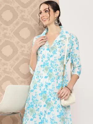 White And Blue Floral Printed Pure Cotton Kurta With Trousers