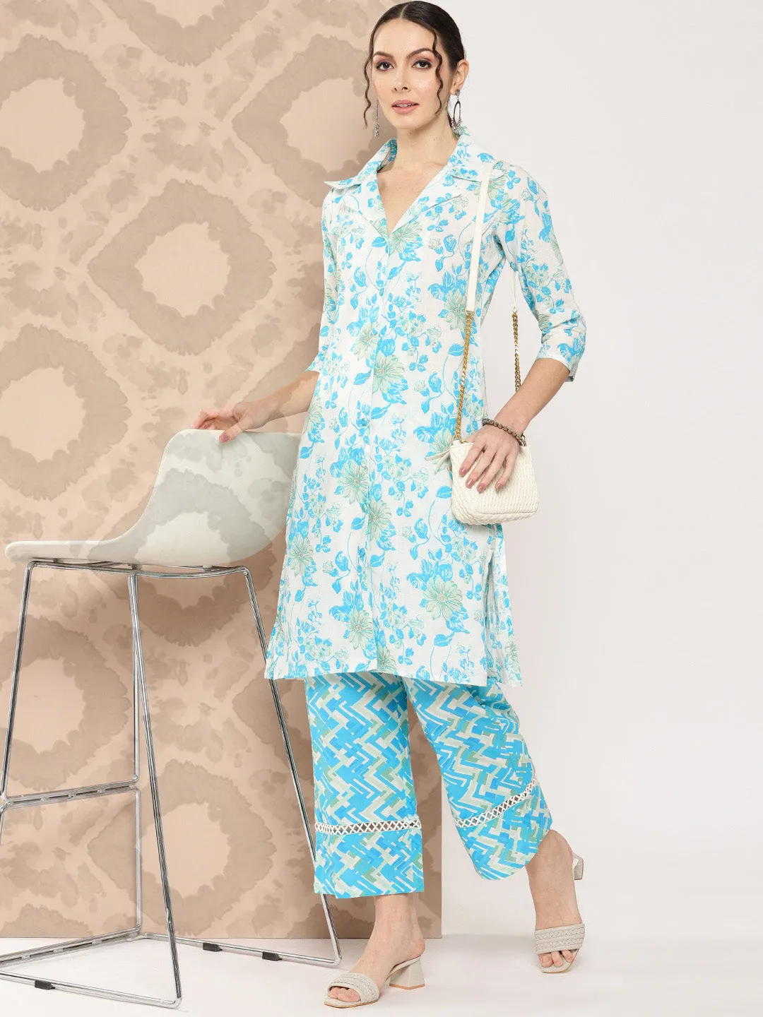 White And Blue Floral Printed Pure Cotton Kurta With Trousers