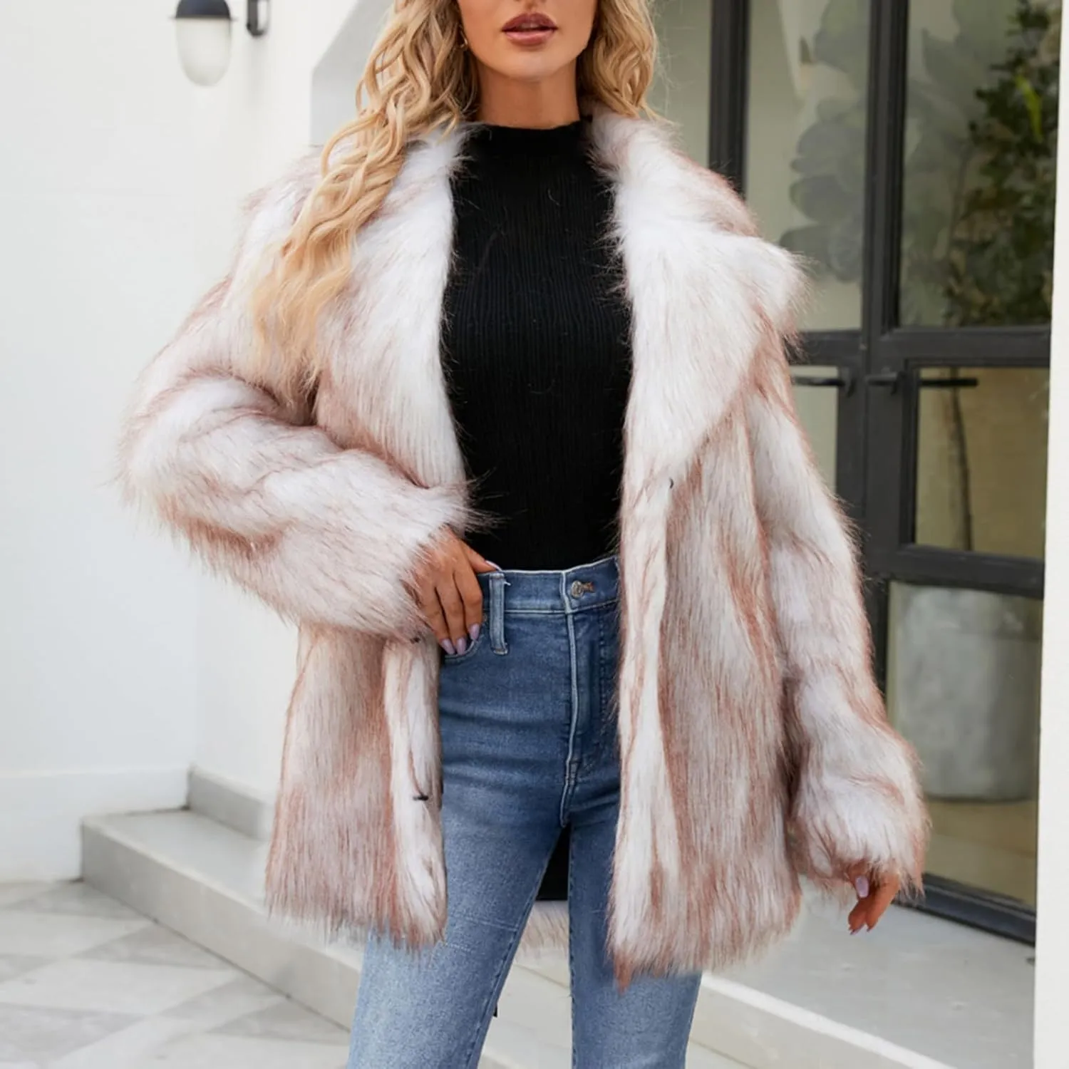 White Faux Fur Coat For Women Mid Length Hooded Cardigan Open Front Outerwear Winter Warm Coats Fur Jackets For