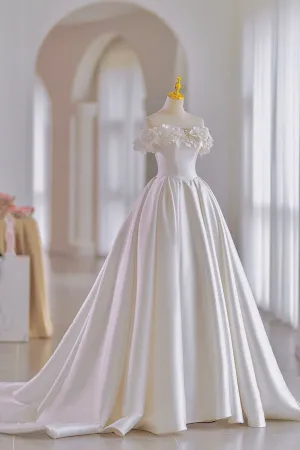 White Satin Long Ball Gown A-Line Flower Wedding Gown with Bow