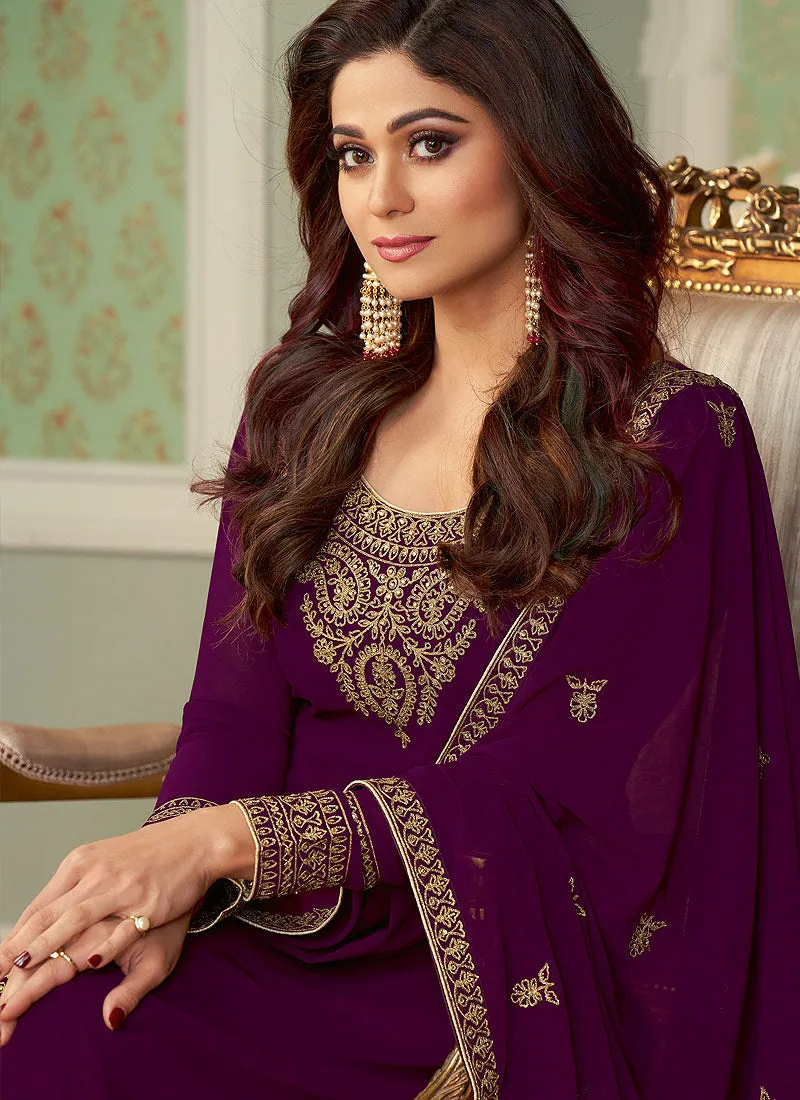 Wine Two Tone Embroidered Palazzo Suit