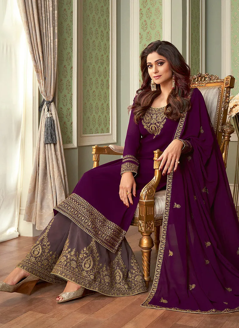 Wine Two Tone Embroidered Palazzo Suit